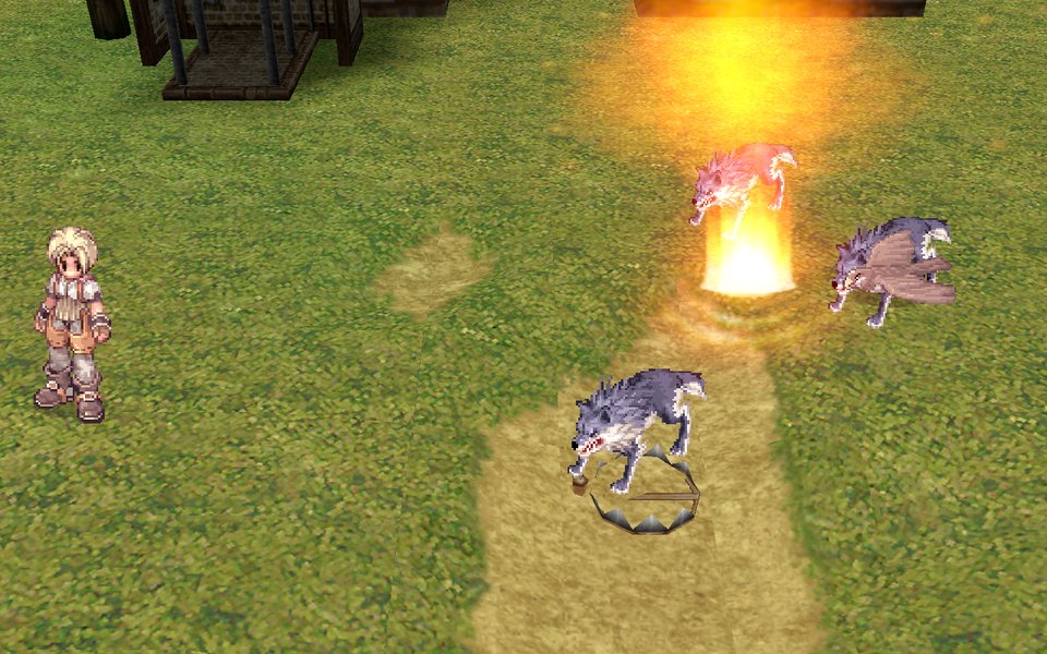 A wolf caught in Ankle Snare, a Land Mine going off and the falcon hitting a third wolf